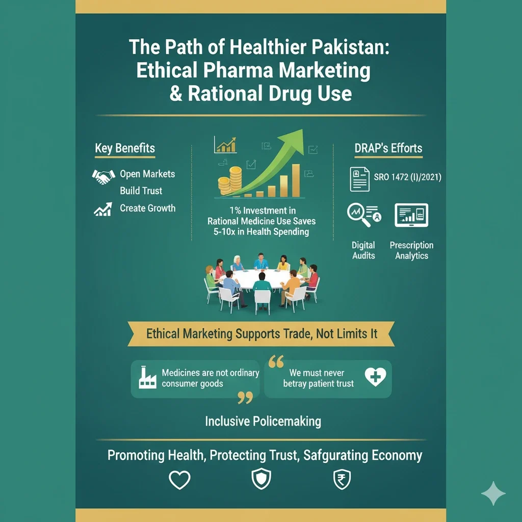 Infographic Ethical pharma marketing, rational drug use in Pakistan, DRAP reforms, economic benefits.