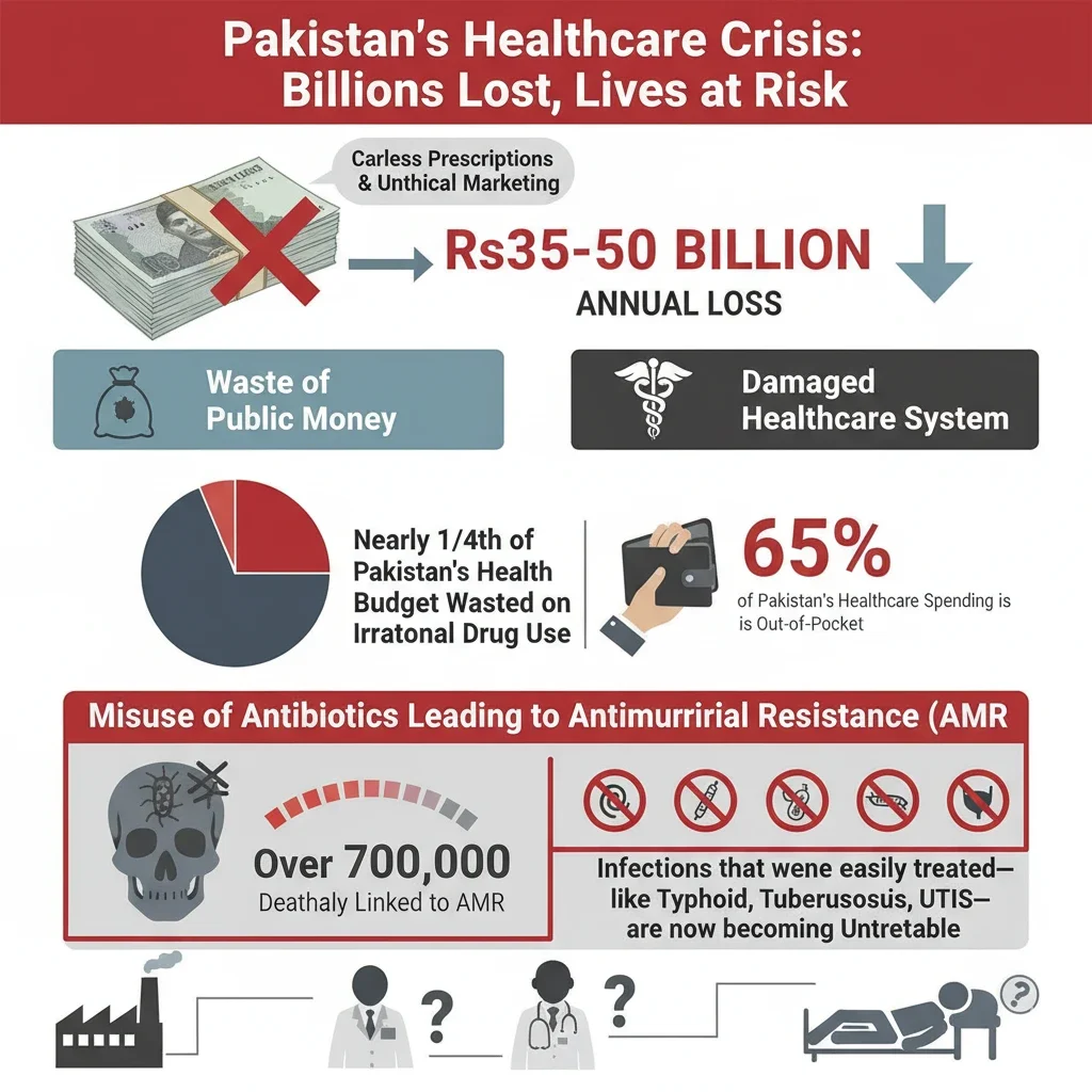 Infographic Pakistan healthcare crisis, Rs35 50 billion annual loss from irrational drug use, 700k AMR deaths.