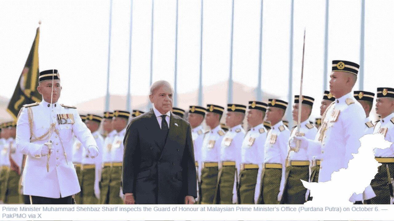 Prime Minister Shehbaz Sharif reviews the Guard of Honour at the Malaysian Prime Minister’s Office (Perdana Putra) during his visit