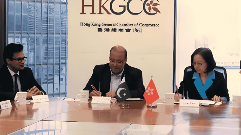 Punjab industries minister Shafay Hussain signing agreement in Hong Kong to boost trade and create jobs
