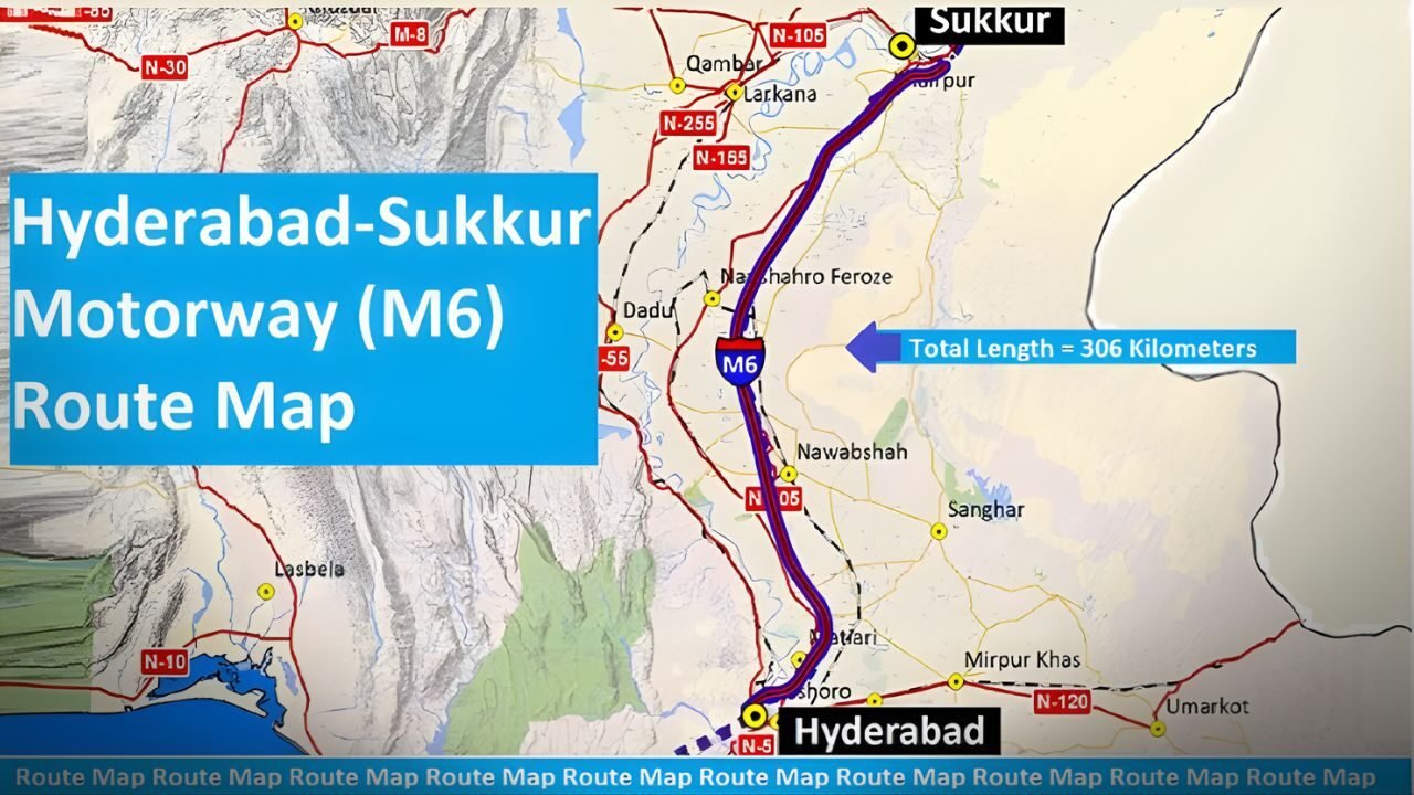 Aerial view of the M6 Sukkur Hyderabad Motorway Project route in Sindh, Pakistan.